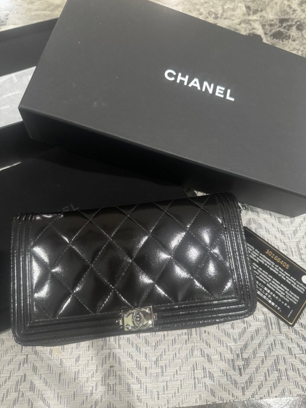 Chanel Boy Continental Wallet (Black Quilted Patent Leather)